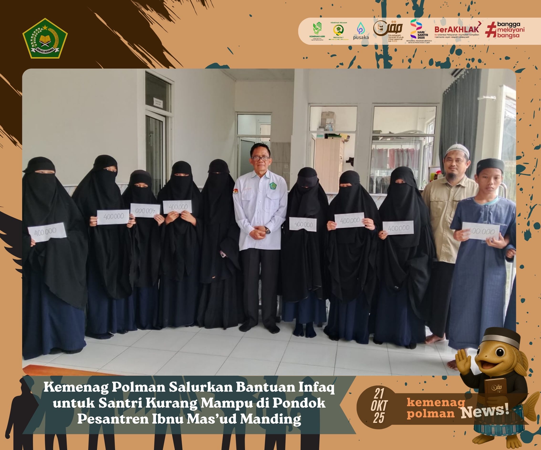 Kemenag Polman Salurkan Bantuan Infaq untuk Santri Kurang Mampu di Pondok Pesantren Ibnu Mas’ud Manding