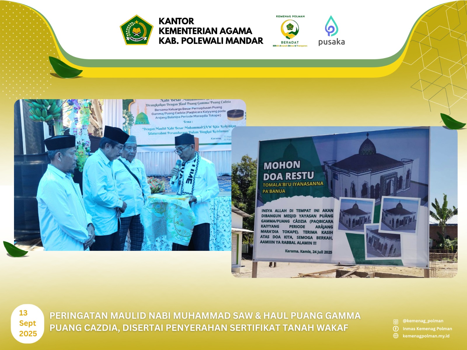 Peringatan Maulid Nabi Muhammad SAW & Haul Puang Gamma Puang Cazdia, Disertai Penyerahan Sertifikat Tanah Wakaf